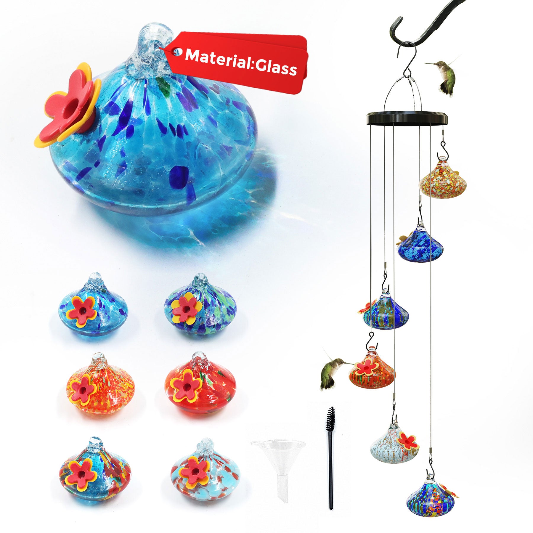 Glass Wind Chime Hummingbird Feeder with Funnel and Brush for Backyard, Porch, Garden, Window Decor Multicolor&Blue