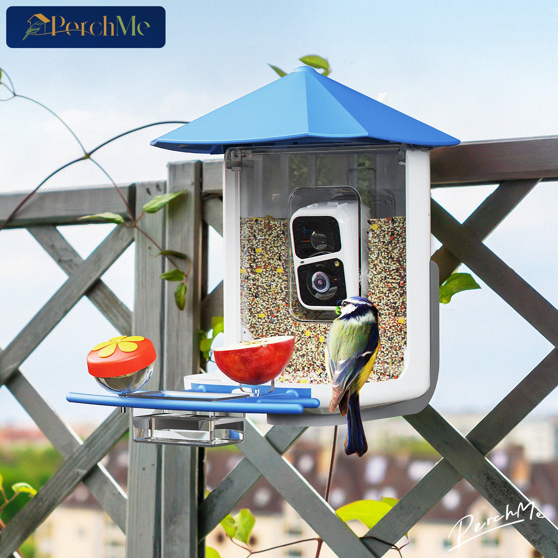 PerchMe Smart Bird Feeder with AI Camera & Solar Panel Vermilion & Azure Canopy