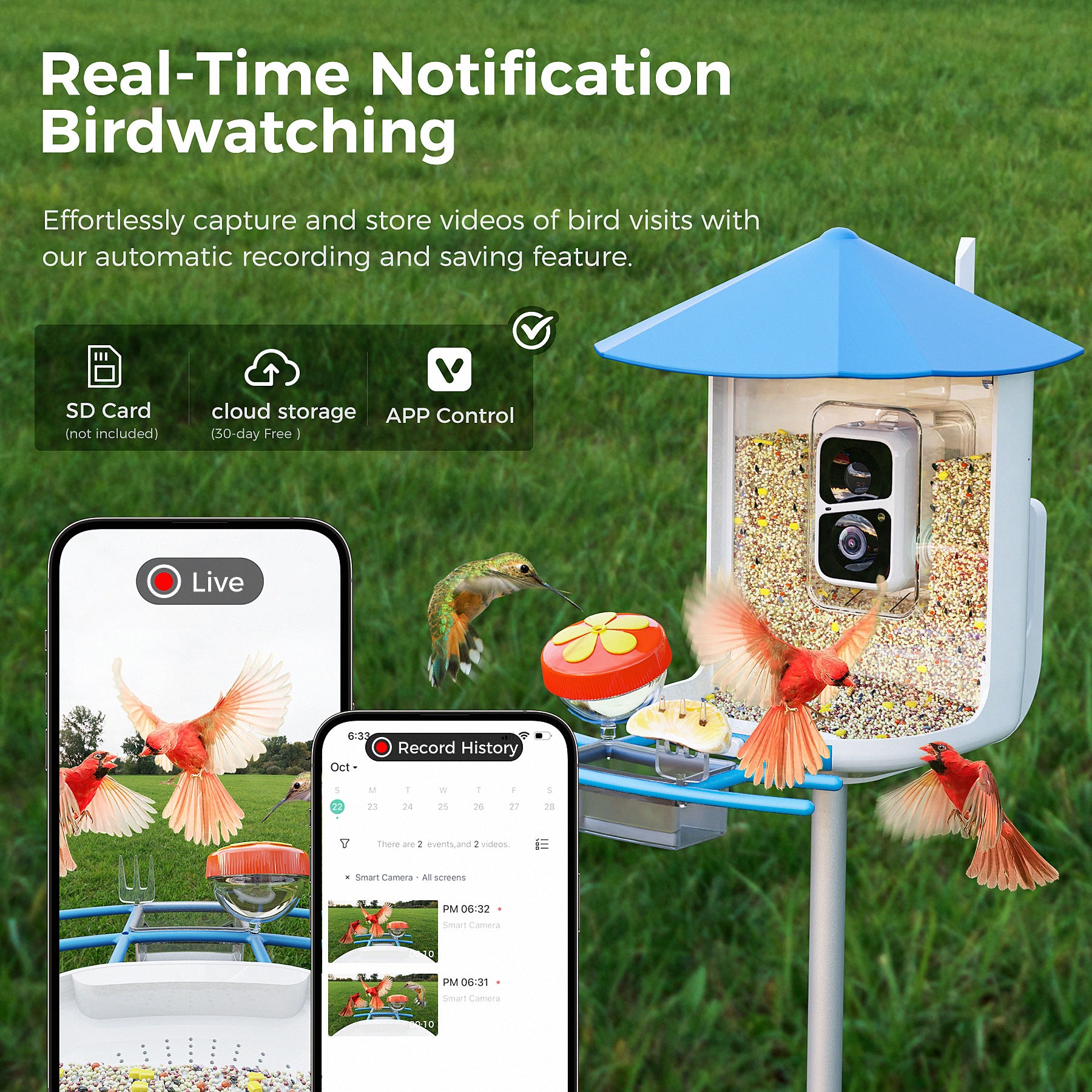 PerchMe Smart Bird Feeder with AI Camera & Solar Panel Vermillion & Azure Canopy