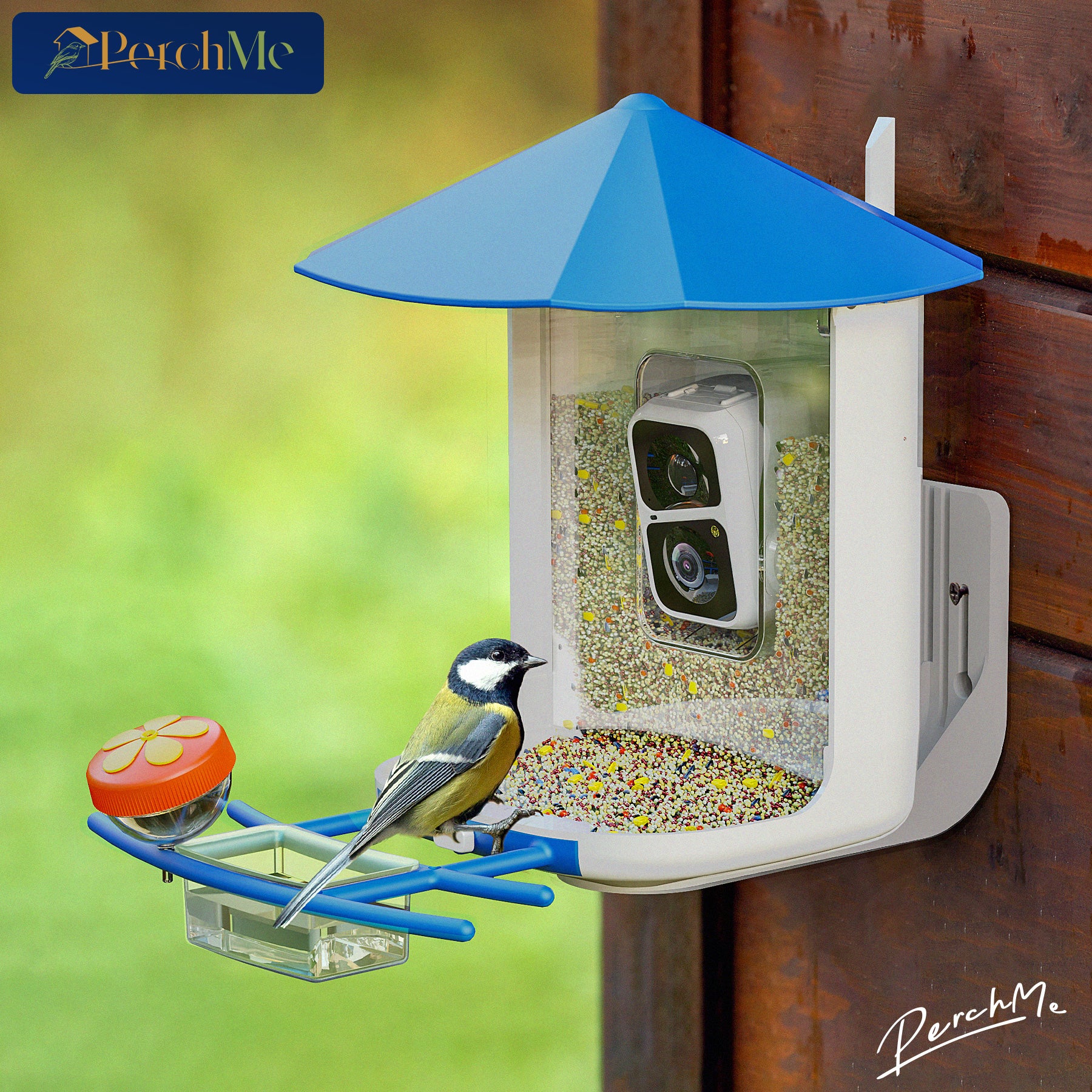 PerchMe Smart Bird Feeder with AI Camera & Solar Panel Vermilion & Azure Canopy