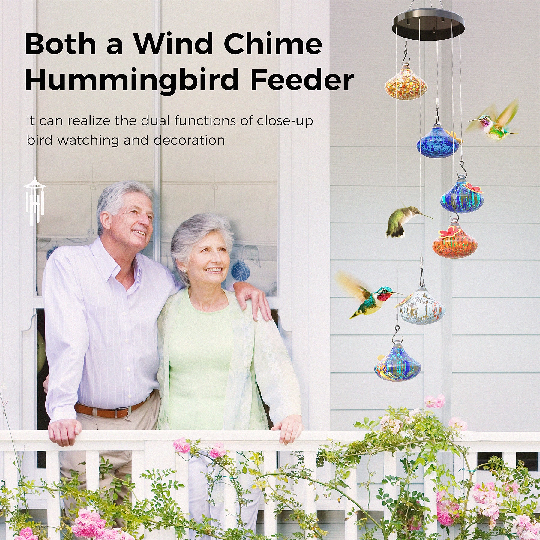 Smart Bird Feeder Camera & Charming Wind Chime Glass Hummingbird Feeder Combo