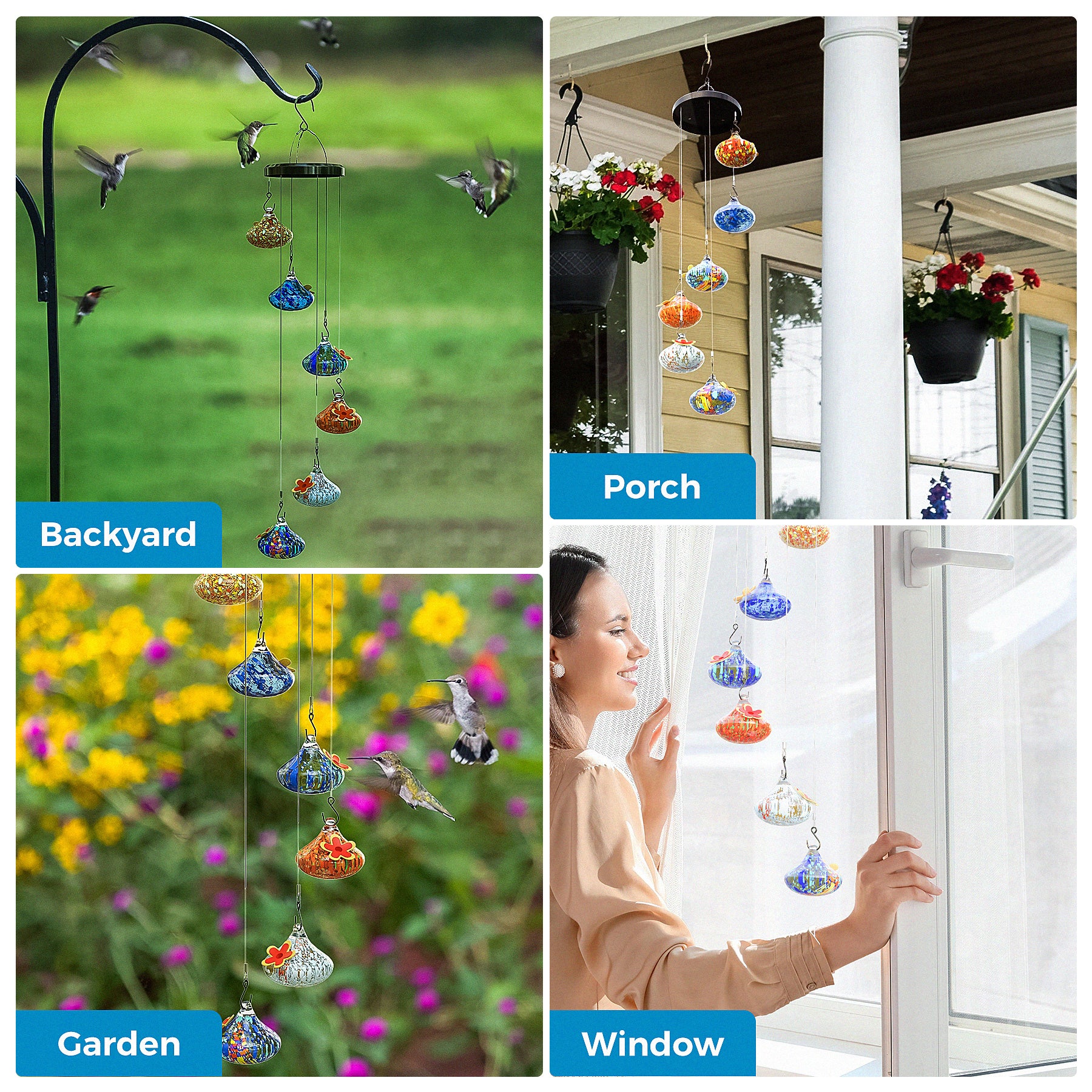 Smart Bird Feeder Camera & Charming Wind Chime Glass Hummingbird Feeder Combo