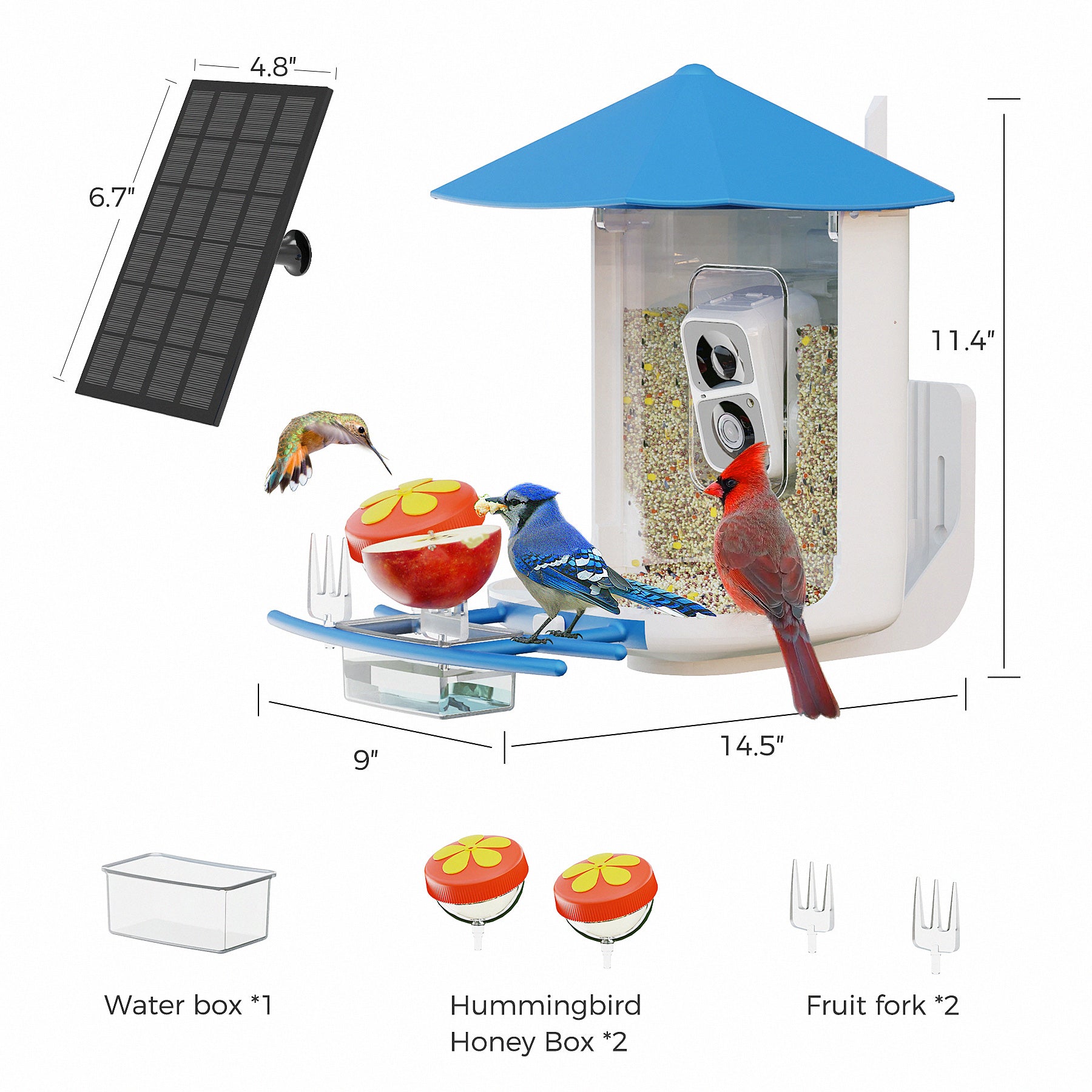 PerchMe Smart Bird Feeder with AI Camera & Solar Panel Vermillion & Azure Canopy