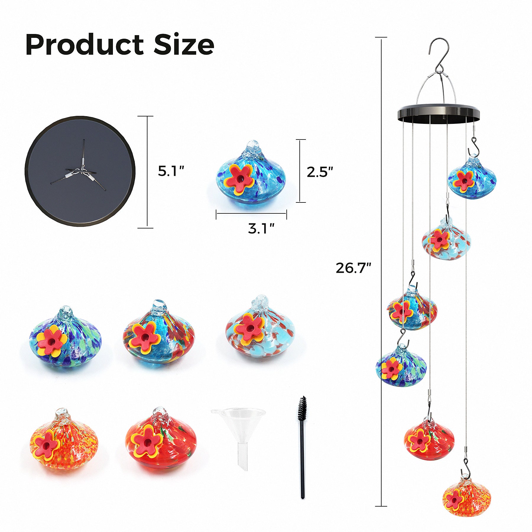 Glass Wind Chime Hummingbird Feeder with Funnel and Brush for Backyard, Porch, Garden, Window Decor Multicolor&Blue