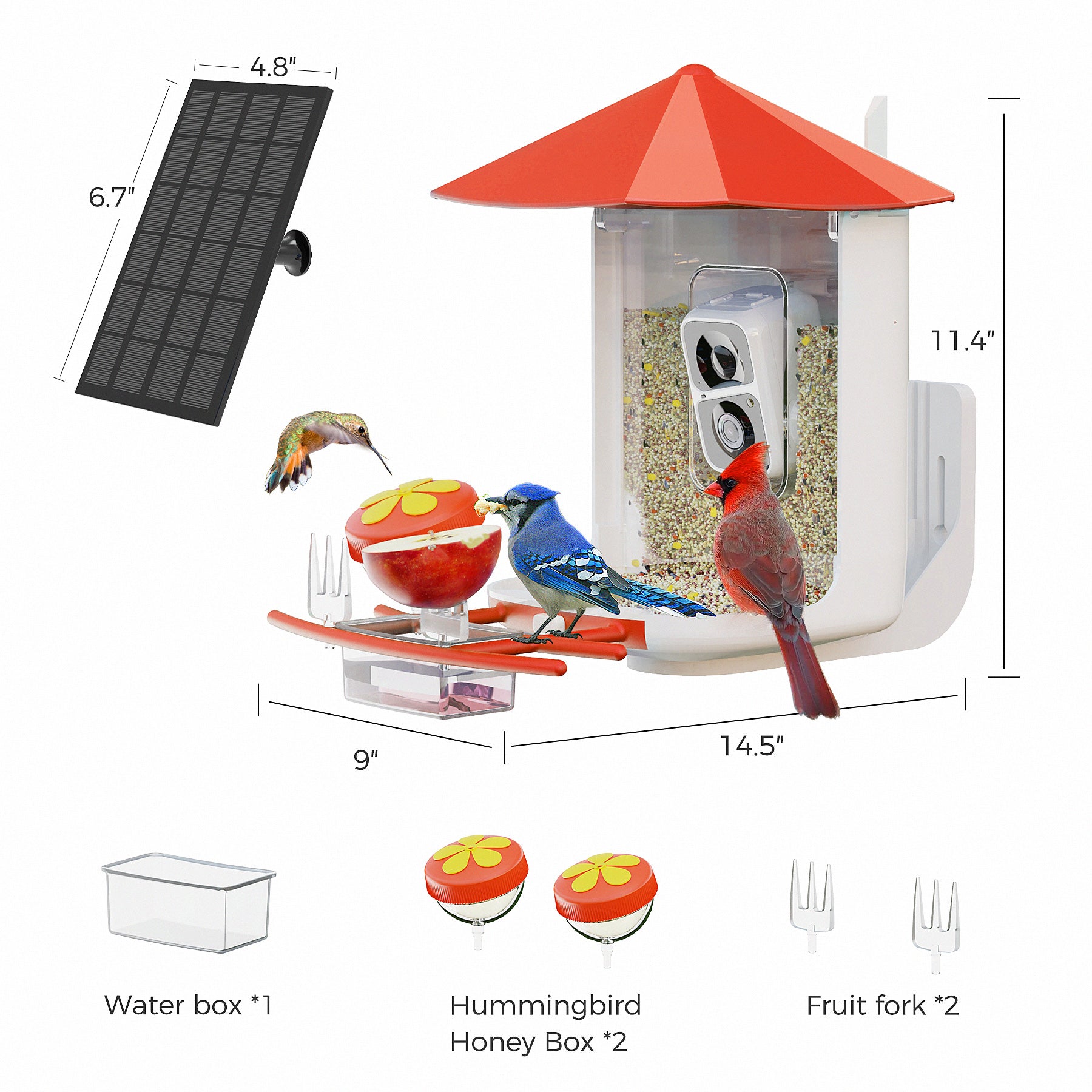 PerchMe Smart Bird Feeder with AI Camera & Solar Panel Vermillion & Azure Canopy