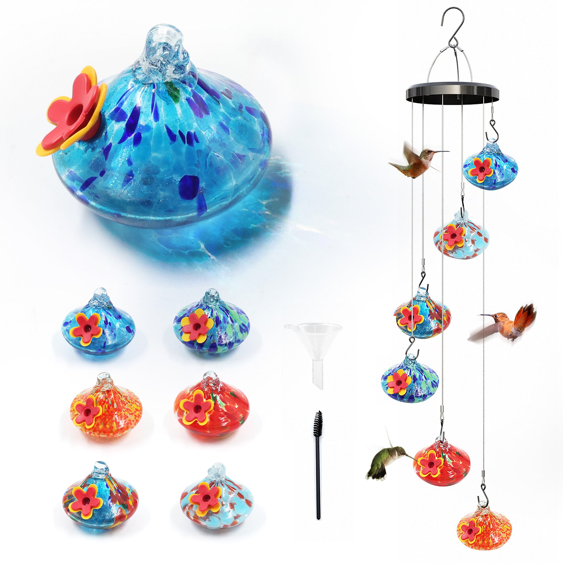 Glass Charming Wind Chime Hummingbird Feeder with Funnel and Brush for Backyard, Porch, Garden, Window Decor Multicolor&Blue