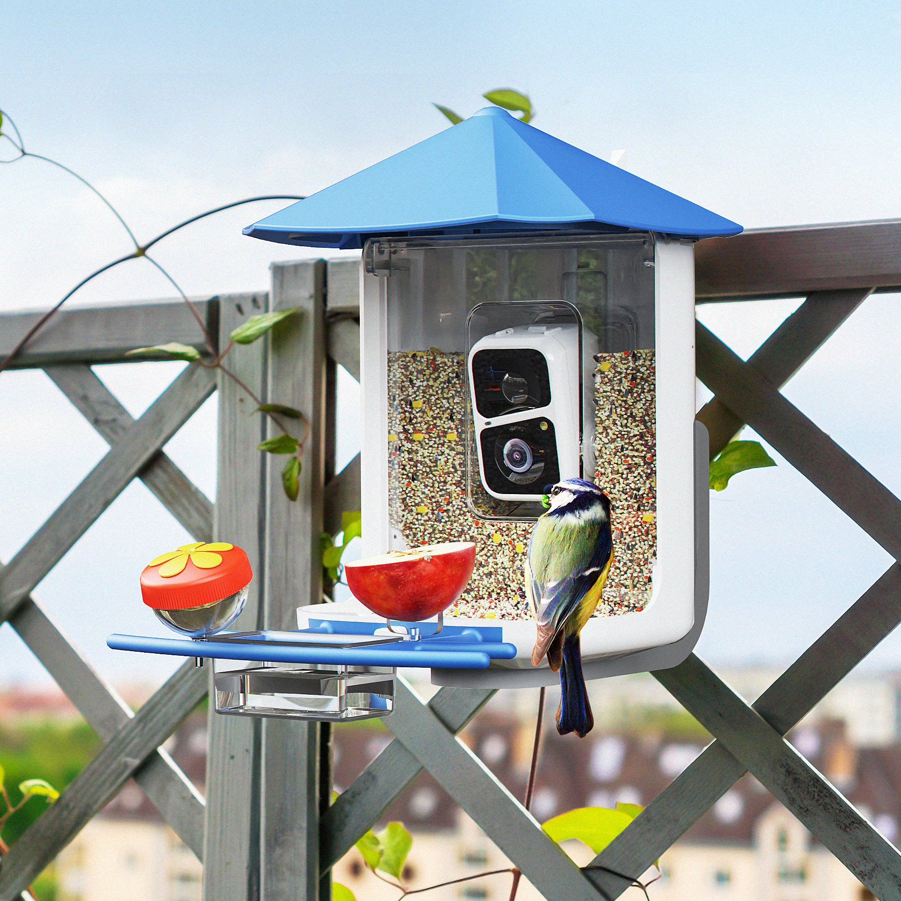 PerchMe Smart Bird Feeder with AI Camera & Solar Panel Vermillion & Azure Canopy