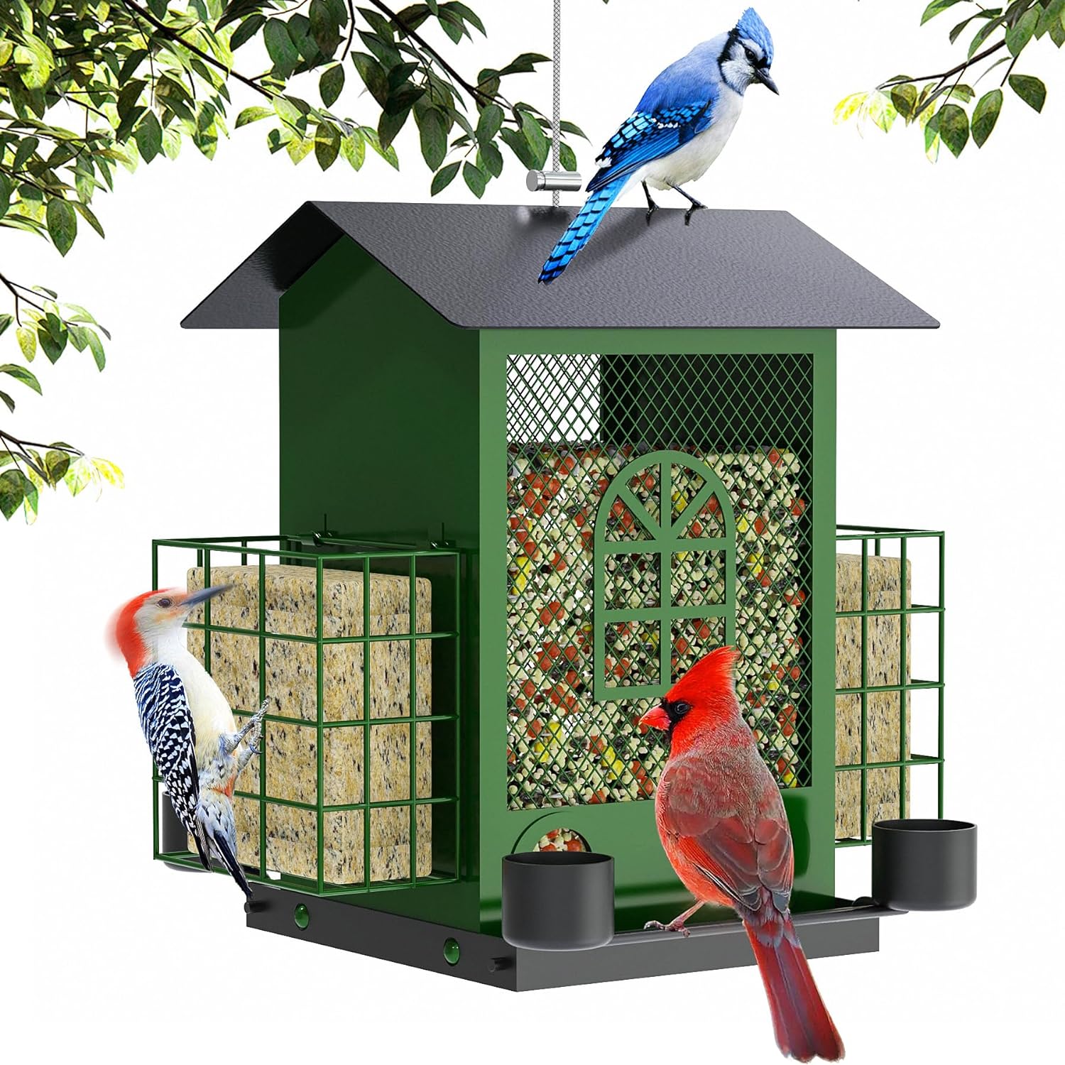 Hanging Bird Feeders for Outdoors with Double Suet Cage Cake, Large Capacity, Durable & Weatherproof, Easy to Clean & Refill