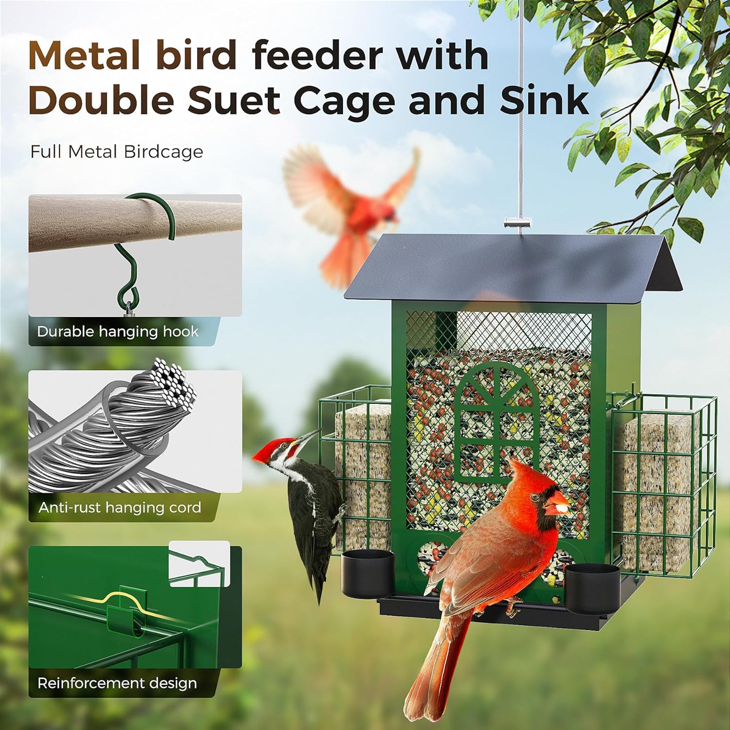 Hanging Bird Feeders for Outdoors with Double Suet Cage Cake, Large Capacity, Durable & Weatherproof, Easy to Clean & Refill