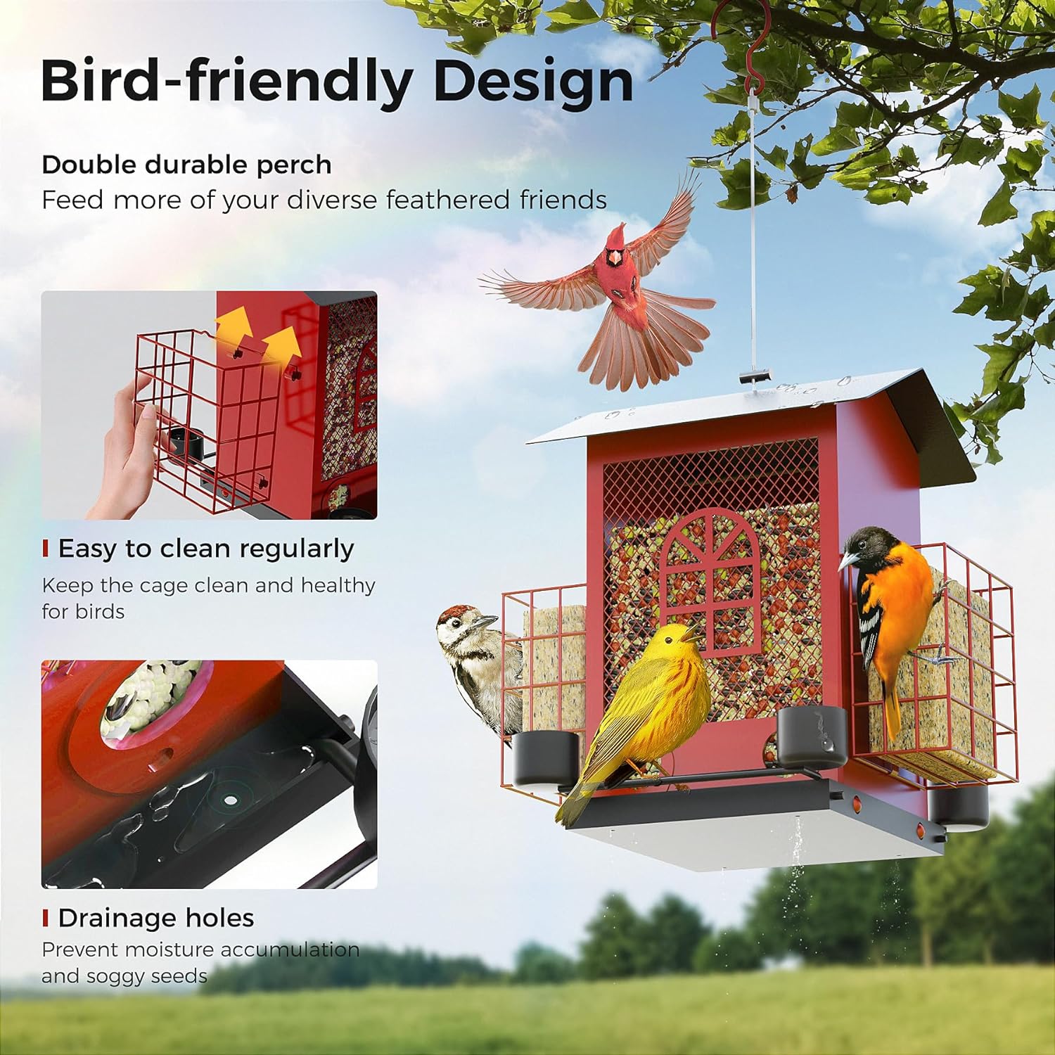 Hanging Bird Feeders for Outdoors with Double Suet Cage Cake, Large Capacity, Durable & Weatherproof, Easy to Clean & Refill