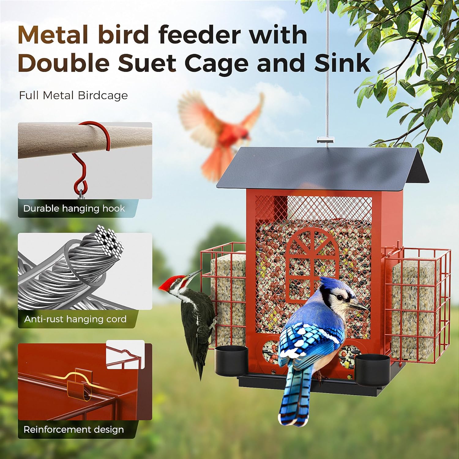 Hanging Bird Feeders for Outdoors with Double Suet Cage Cake, Large Capacity, Durable & Weatherproof, Easy to Clean & Refill