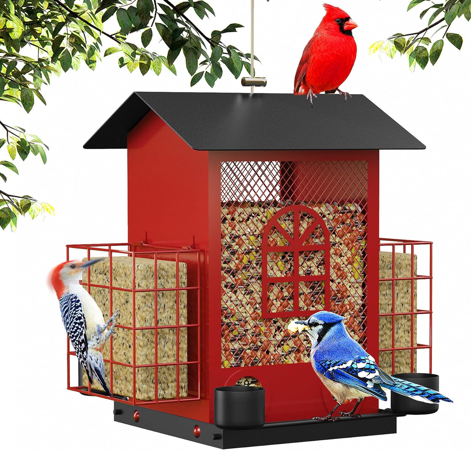 Hanging Bird Feeders for Outdoors with Double Suet Cage Cake, Large Capacity, Durable & Weatherproof, Easy to Clean & Refill