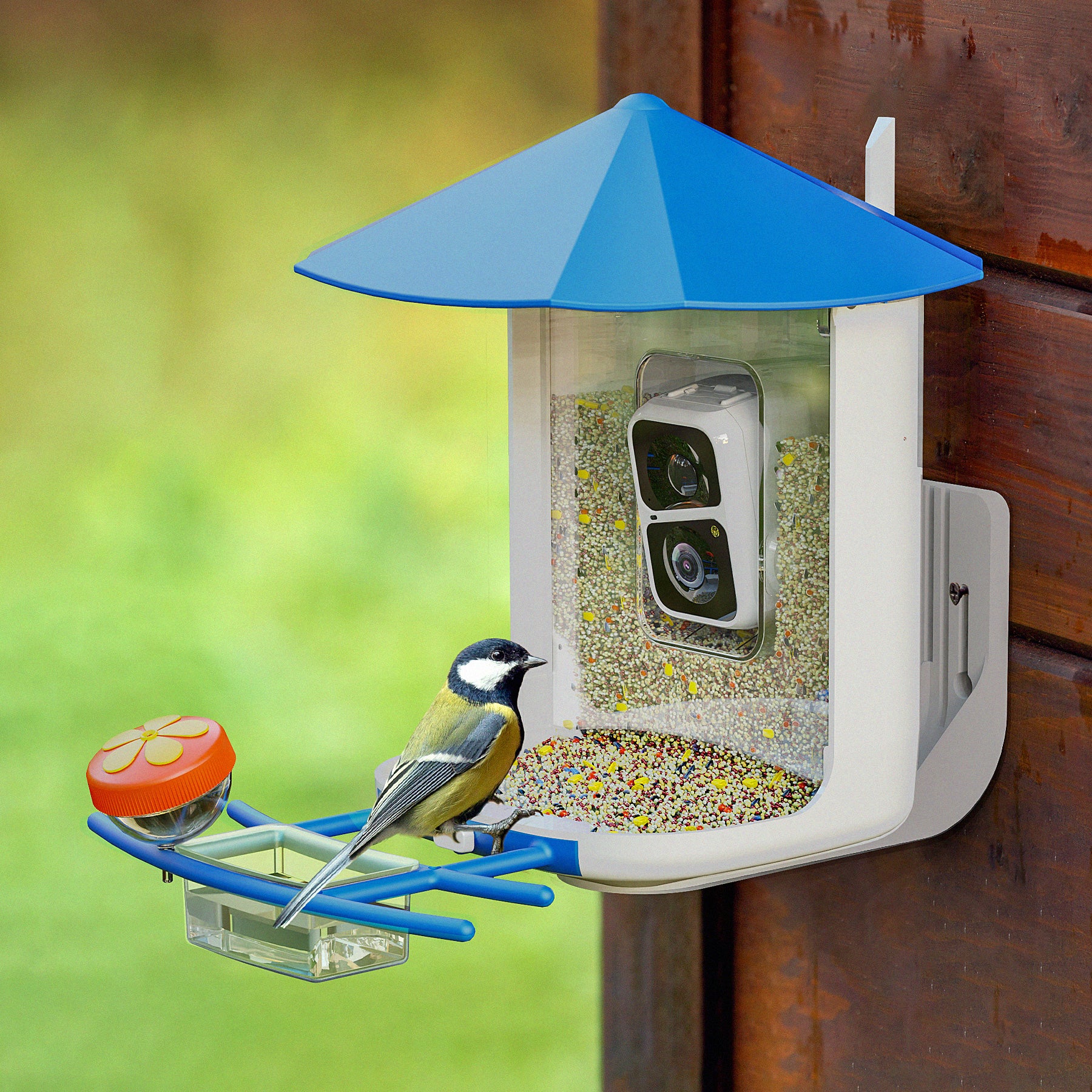 PerchMe Smart Bird Feeder with AI Camera & Solar Panel (Vermilion & Azure Canopy)